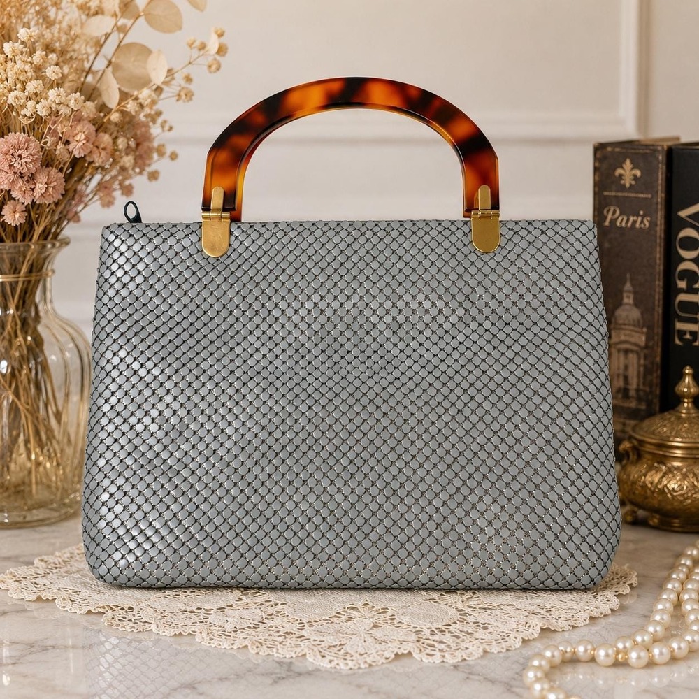 Vintage 1970s Silver Metal Mesh Handbag Tortoiseshell Handle Hong Kong Mod Purse
